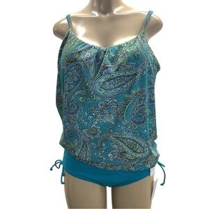 Elemar Size 12 Tropic Teal Print 2 Piece Tankini Swimsuit Set. New With Tags